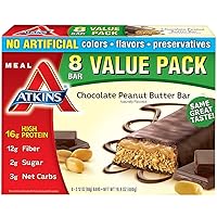 Atkins Chocolate Peanut Butter Protein Meal Bar, High Fiber, 16g Protein, 2g Sugar, 3g Net Carb, Meal Replacement, Keto Friendly, 8 Count