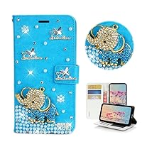 STENES Bling Wallet Phone Case Compatible with Samsung Galaxy S24 5G Case - Stylish - 3D Handmade Elephant Butterfly Glitter Magnetic Wallet Stand Girls Women Leather Cover - Blue