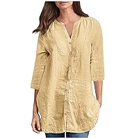 Womens 3/4 Sleeve Cotton Linen Tunic Tops Button Down V Neck Summer Long Shirts Casual Loose Fit Solid Color Blouses