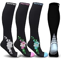 Physix Gear 4 Pairs of Sport Compression Socks in (Black/Grey flower + Black/Blue flower + Black/Pink flower + Black/Grey) in L-XL