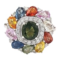 8.91 Carat Natural Multicolor Sapphire and Diamond (F-G Color, VS1-VS2 Clarity) 14K White Gold Cocktail Ring for Women Exclusively Handcrafted in USA