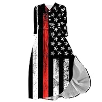 Women Bohemian USA Flag Dress 3/4 Sleeve Henley Shirt Dress 4th of July Patriotic Stars Stripes Lace-Up A-Line Dress