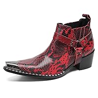 Men's Genuine Leather Metal Toe Chelsea Boots Casual Novelty Fashion Comfort Exquisite Snake Skin Texture Buckle Chain Strap Ankle Party Boots