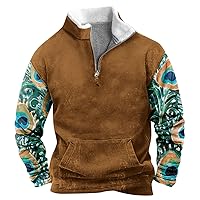 Men's Western Jacket Cowboy Bull Head Print Pullover 1/4 Zip Fleece Stand Collar Long Sleeve Country Sweatshirts