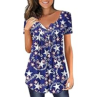 Women's 4Th of July Tunic Tops Henley Shirt Plus Size Button V Neck Short Sleeve Blouses Independence Day Clothes