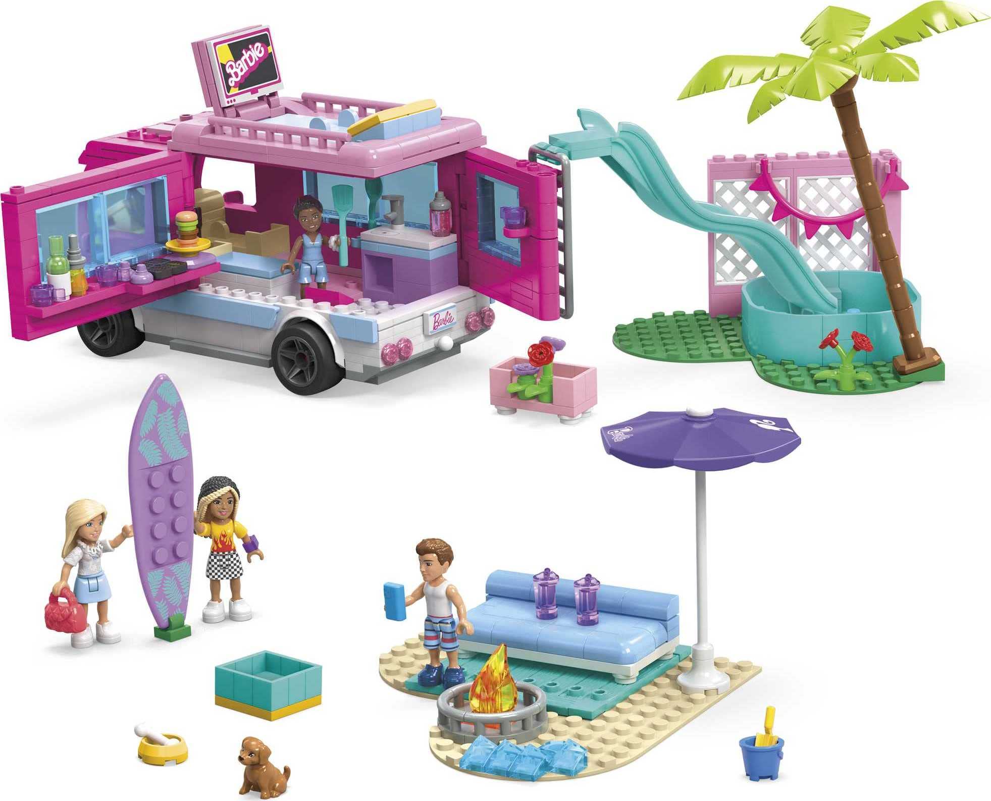 MEGA Barbie Car Building Toys Playset, Dream Camper Adventure With 580 Pieces, 4 Micro-Dolls and Accessories, Pink, For Kids Age 6+ Years