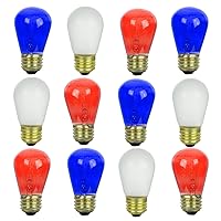 Sunlite 41492-SU S14 Incandescent Colored Party String Light Bulb, 11 Watts, Medium Base (E26), Dimmable, Mercury Free, Combo, Red White and Blue 12 Pack