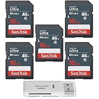 SanDisk 16GB Ultra SDHC UHS-I Class 10 Memory Card 80MB/s U1, Full HD, SD Camera Card SDSDUNS-016G-GN3IN (5 Pack) Bundle with (1) GoRAM USB 3.0 Multi Card Reader