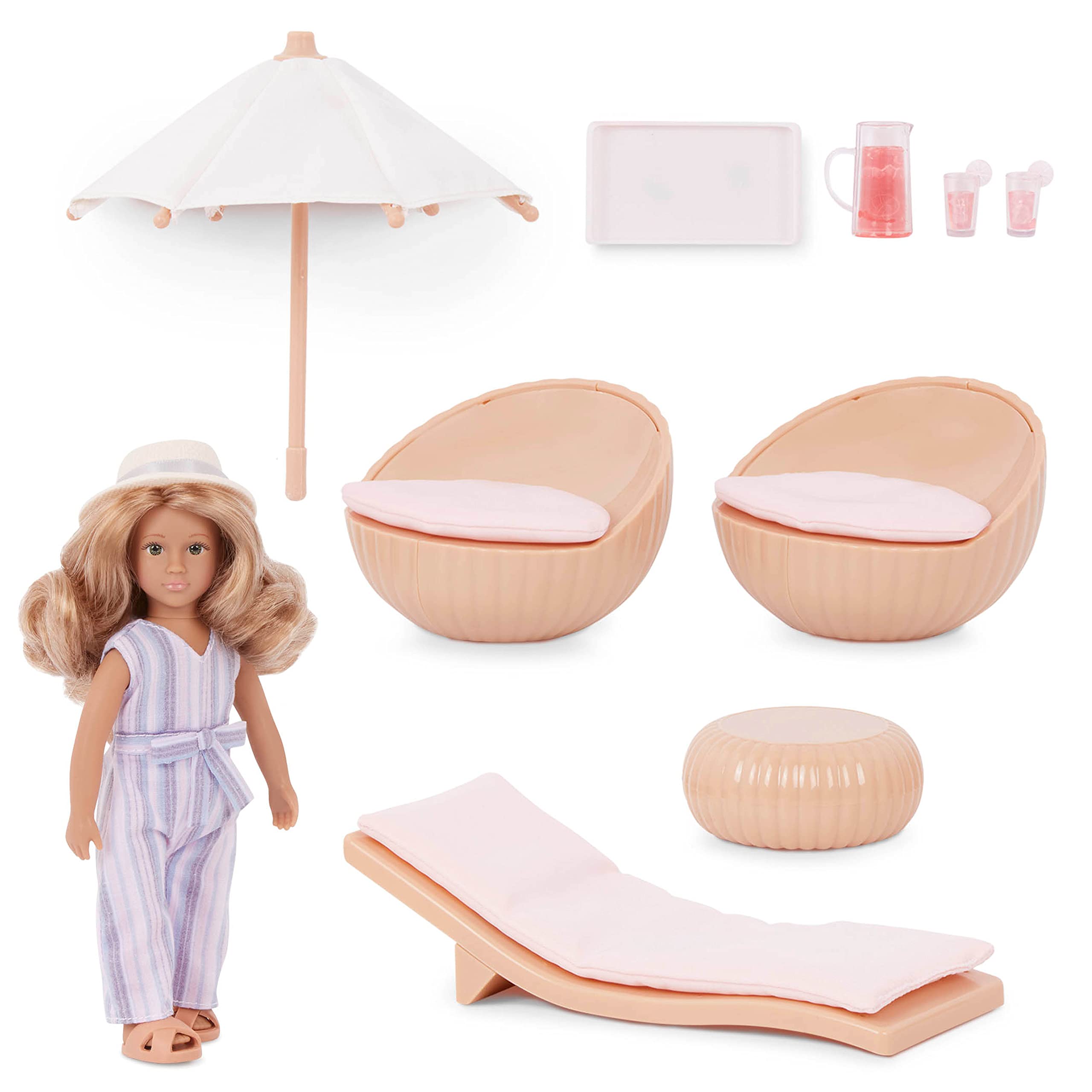Lori Dolls – Marina's Terrace Set– Mini Doll & Toy Terrace Furniture – 6-inch Doll & Dollhouse Accessories – Chairs, Table, Umbrella, Lemonade – Play Set for Kids – 3 Years +