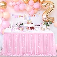 9FT Pink Tulle Table Skirt 2 Layer Tutu Table Skirts Tablecloth with LED for Baby Shower Sweetheart Cake Table Decoration