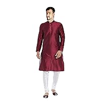Indian Men's Silk Kurta Maroon Color Casual Shirt Pathani Kurta Ethnic Loose Fit Tunic