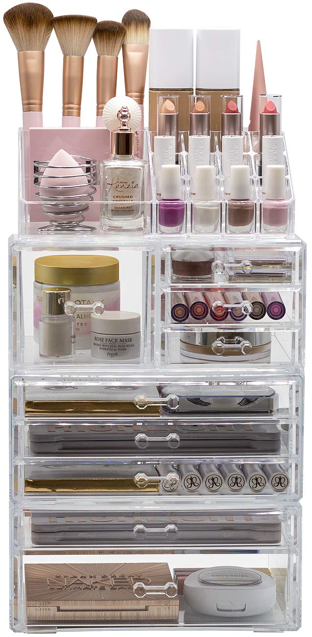 Sorbus Large Clear Makeup Organizer - Detachable 4-Piece Jewelry & Make Up Organizers and Storage Set - Spacious Cosmetic Display Tower - Makeup Organizer for Vanity, Bathroom, Dresser & Countertop