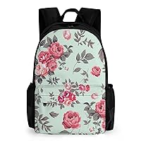 Men Women Lightweight Pink Flower Mint Green Print Casual Daypack Big Capacity Bookbag With Padded Straps for Gym Travel Walking Cycling