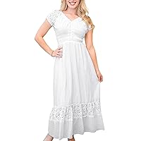 Anna-Kaci Women Renaissance Peasant Maiden Boho Inspired Cap Sleeve Lace Trim Maxi Dress, White, XX-Large