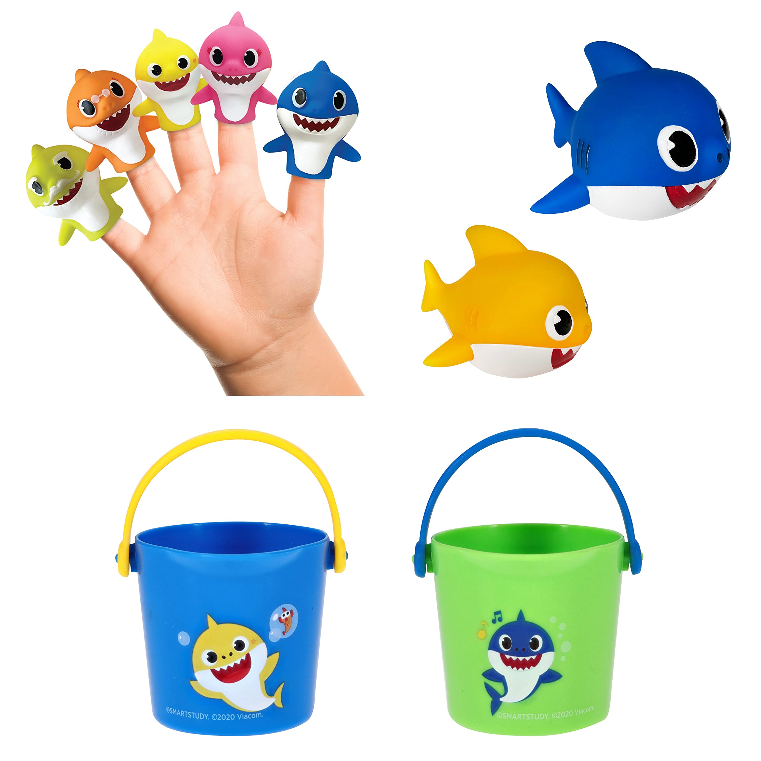 Nickelodeon Pink Fong Baby Shark Bath Toys Set for Children's Tub Time - Cups, Finger Puppets, and Bath Squirters, Blue/Green, 9 Pieces