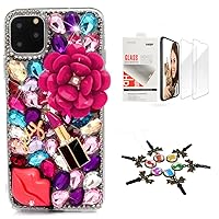 STENES Sparkle Case Compatible with iPhone 14 Pro Max - Stylish - 3D Handmade Bling Rose Sexy Lips Lipstick Crystal Rhinestone Glitter Design Cover Case with Screen Protector [2 Pack] - Colorful