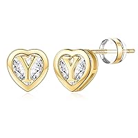 Sterling Silver Stud Earrings - 14K Gold Plated Hypoallergenic Earrings, CZ Simulated Diamond Heart Initial Earrings Dainty Cute Earrings for Women Girls Birthday Gifts for Her