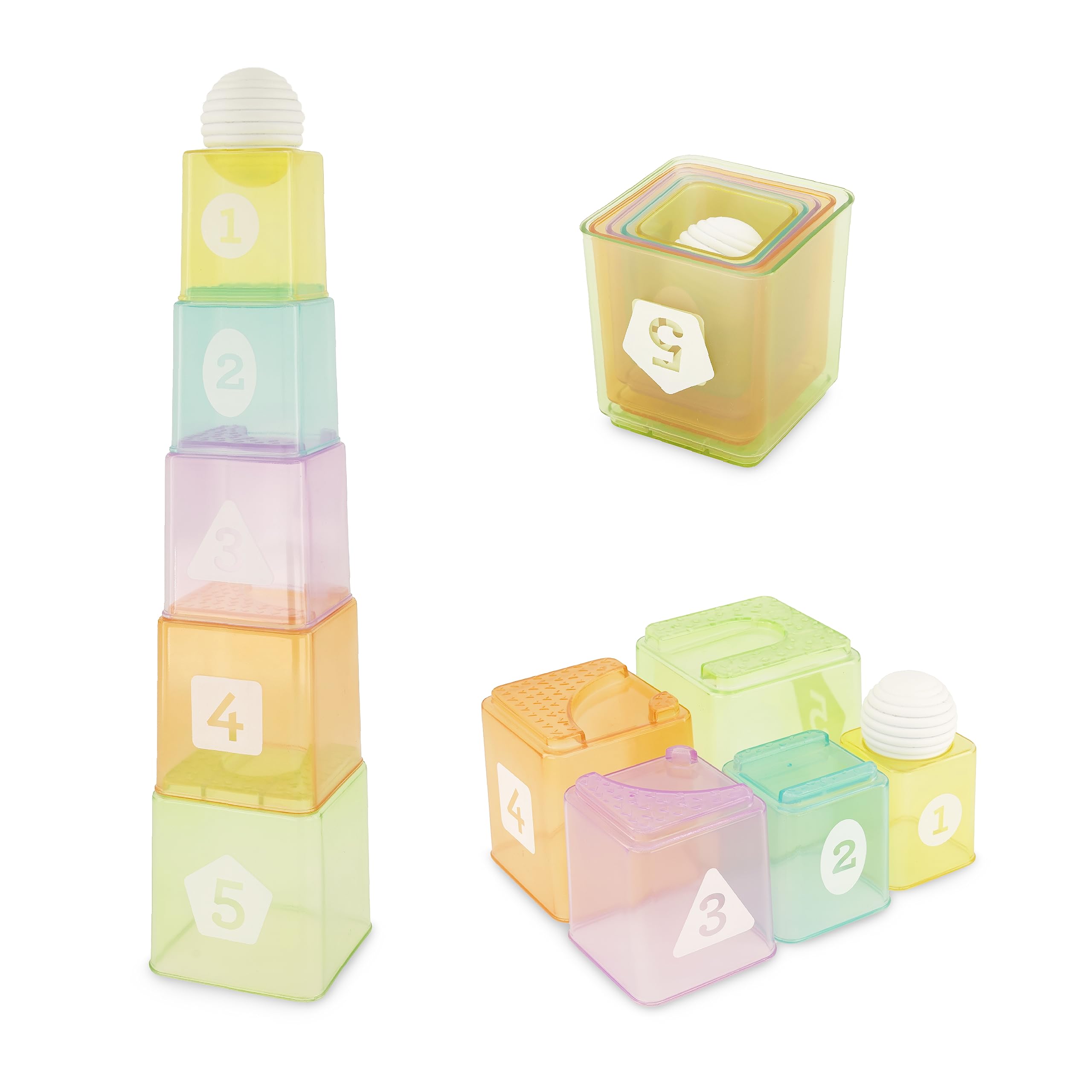 Infantino Cups & Ball Learning Set, Multicolor 6 Piece Set - Includes 1 Ball, 5 Stack & Build Cups, Ages 6 Months+
