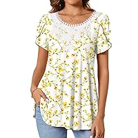 CATHY Womens Short Sleeve Casual Tunic Tops Lace Crochet Summer T-Shirts Loose Flared Tee Blouses