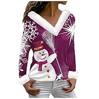 Christmas Shirts for Women Long Sleeve Fleece Collar V Neck Tops Plus Size Basic T-Shirt Casual Winter Clothes