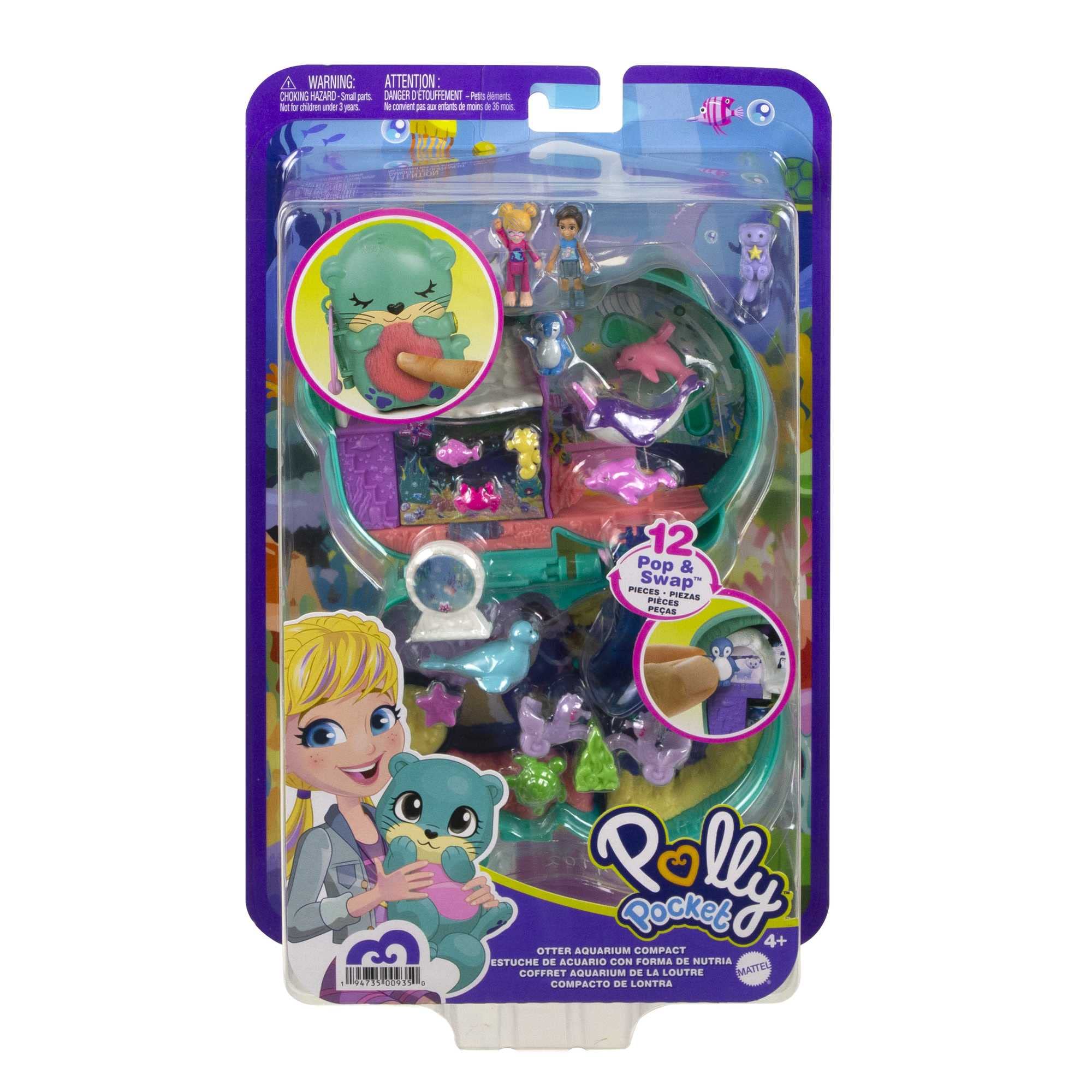 Polly Pocket Compact Playset, Otter Aquarium with 2 Micro Dolls & Accessories, Travel Toys with Surprise Reveals