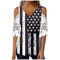 Tops for Women Under 5 Independence Day Print Off The Shoulder Breathable White Lace Womens Long Sleeve Tee