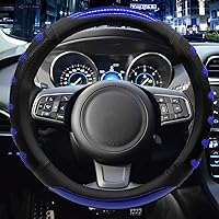 Sport Style Black Leather Steering Wheel Cover with Blue S-Type Design Grip Steering Wheel Accessory,Universal Fit 14.5-15.25 inch Steering Wheel