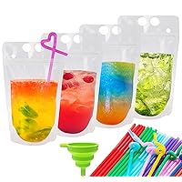 100 PCS Drink Pouches for Adults, Reusable Drink Pouches with 100 Straws Funnel, Heavy Duty Stand-up Juice Pouches Plastic Smoothie Drink Bags for Cold Hot Drinks