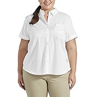 Dickies Women's Plus Size Stretch Poplin Button-Up Short Sleeve Shirt, White, 2X