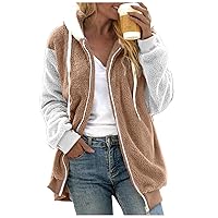 Hood Fleece Warm Color Block Jacket Women Long Sleeve Zip Up Hoodies Casual 2023 Winter Coat Outerwear with Pockets