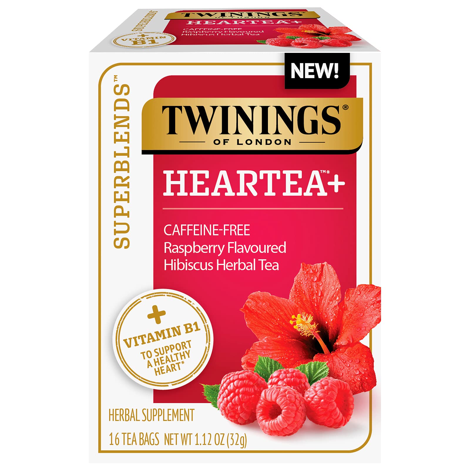 Twinings of London Superblends Heartea + Vitamin B1, Raspberry Flavoured Hibiscus Herbal Tea, Caffeine-Free, 16 Count (Pack of 6)