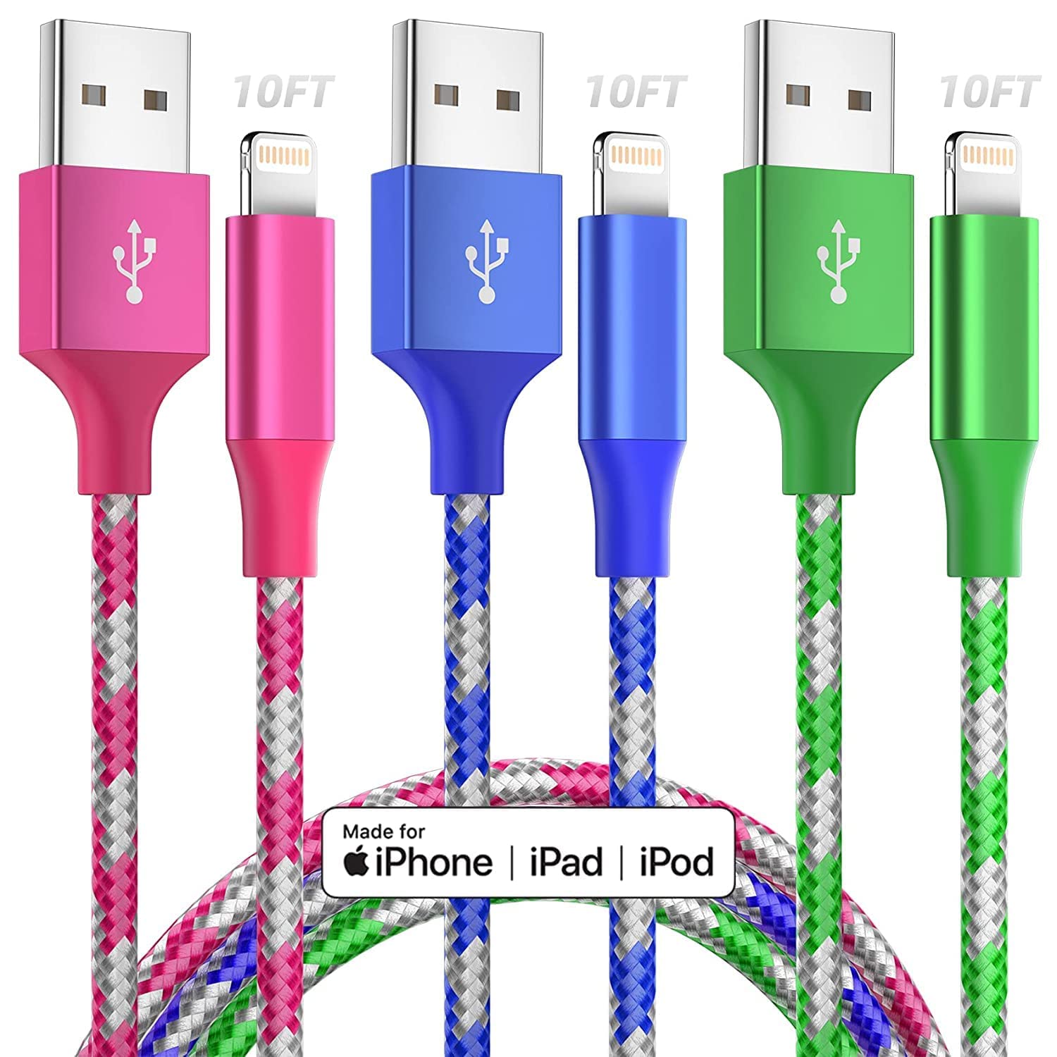 MenoSupp iPhone Charger Fast Charging Cable 3 Pack 10 FT MFI Certified Lightning Cable Nylon Braided iPhone Charger Cord Compatible with iPhone 13 12 11 Pro Max XR XS X 8 7 6 Plus SE and More