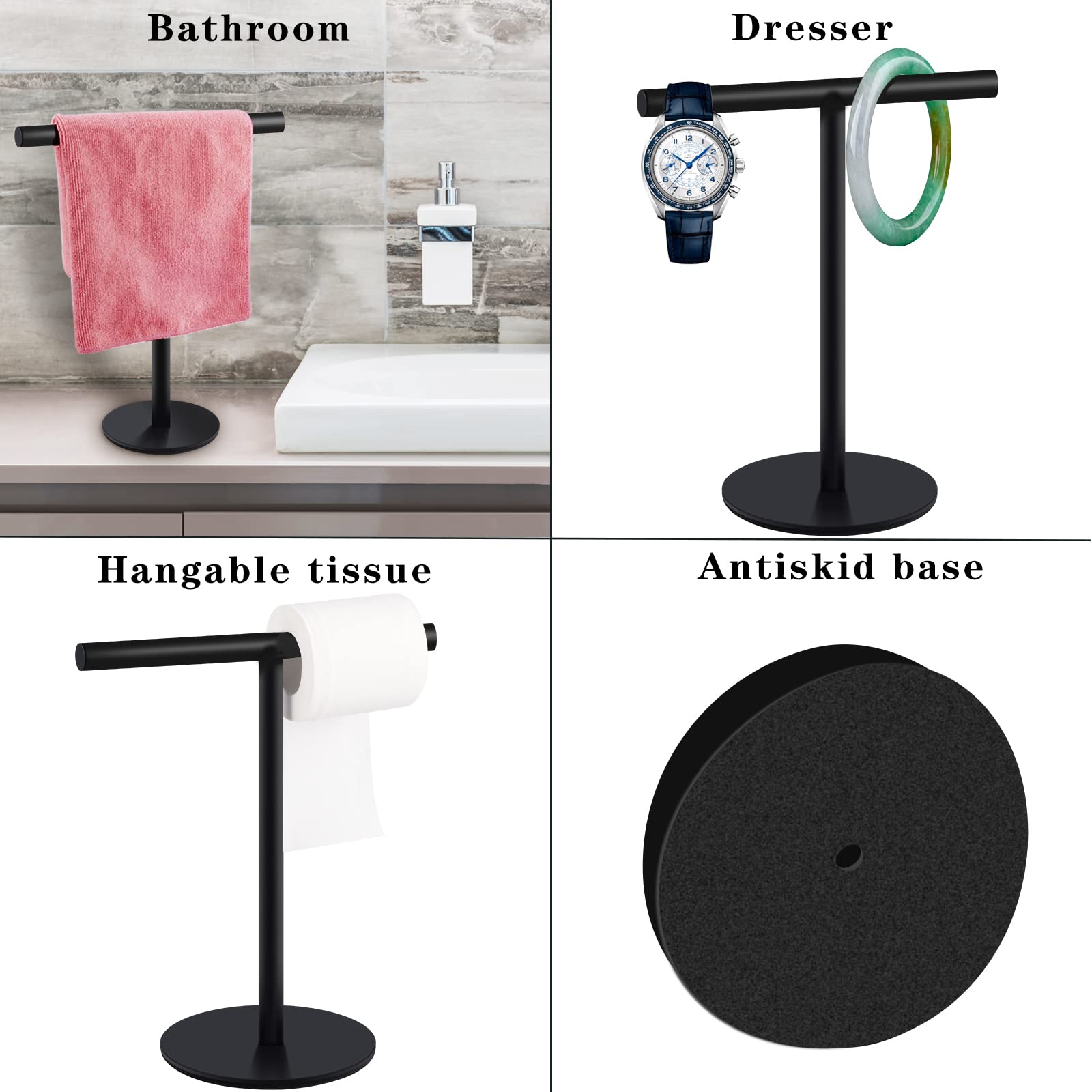 Mutclord T-Shape Hand Towel Holder - Free Standing Hand Towel Rack for Bathroom or Kitchen Countertops, with SUS304 Stainless Steel Matte Black Finish, Minimalist Style