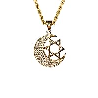 Men Women 925 Italy 14k Gold Finish The Crescent Moon & Star Necklace, Iced 6 Pointed Jewish Star of David Pyramid with The Eye of Horus Ice Out Pendant Stainless Steel Real 2.5 mm Rope Chain Necklace, Men's Jewelry, Iced Pendant, Chain Pendant Rope Necklace