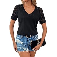 Women's Sexy Tops Casual Fashion Hollow Lace V-Neck Short Sleeve Top Casual, S-2XL