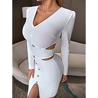 Dresses for Women 2023 Cut Out Fake Button Puff Sleeve Slit Front Bandage Dress