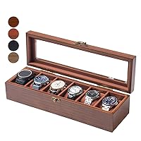 Watch Box, Watch Case for Men Women with Large Glass Lid, Wooden Watch Display Storage Box with 6 - Slots, Retro Walnut Mens Watch Box Organizer for Gift
