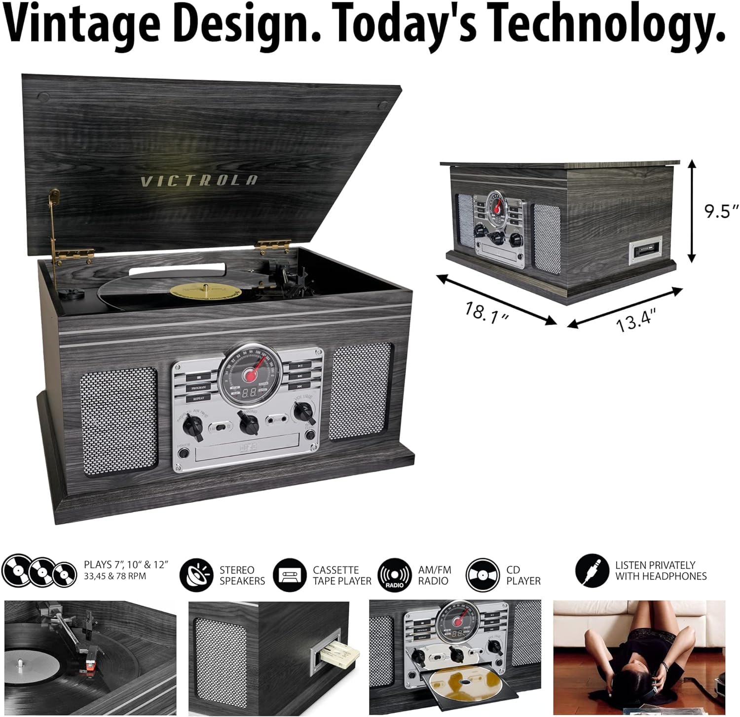 Victrola Nostalgic 6-in-1 Bluetooth Record Player & Multimedia Center with Built-in Speakers - 3-Speed Turntable, CD & Cassette Player, FM Radio | Wireless Music Streaming | Natural