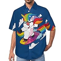 Unicorns Surfing Rainbows Mens Short Sleeve Shirts Casual Button Down Lapel T-Shirt Summer Beach Tee Tops