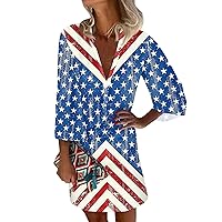 Fourth of July Dress Women Patriotic Dress for Women Sexy Casual Vintage Print with 3/4 Length Sleeve Deep V Neck Independence Day Dresses Blue 3X-Large