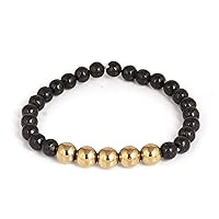 GEMHUB Black Jet Stone With Gold Pyrite Beads Gemstone Bracelet 8mm Round Beaded 7.5 Inch Elastic Bracelet Graduation Gift For Him