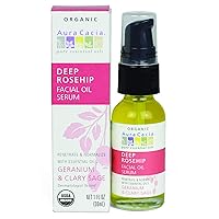Aura Cacia Organic Deep Rosehip Facial Serum, 1-Ounce, Soothing, Moisture-Preserving Oil, Pure, Free From Synthetic Additives
