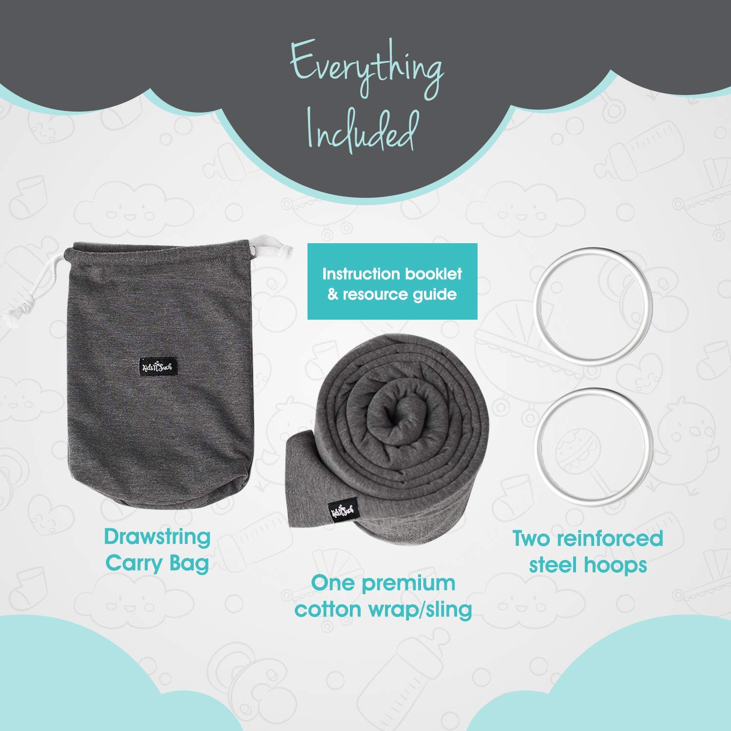 Kids N’ Such 4-in-1 Baby Wrap Carrier & Baby Sling Carrier for Infant, Charcoal Gray