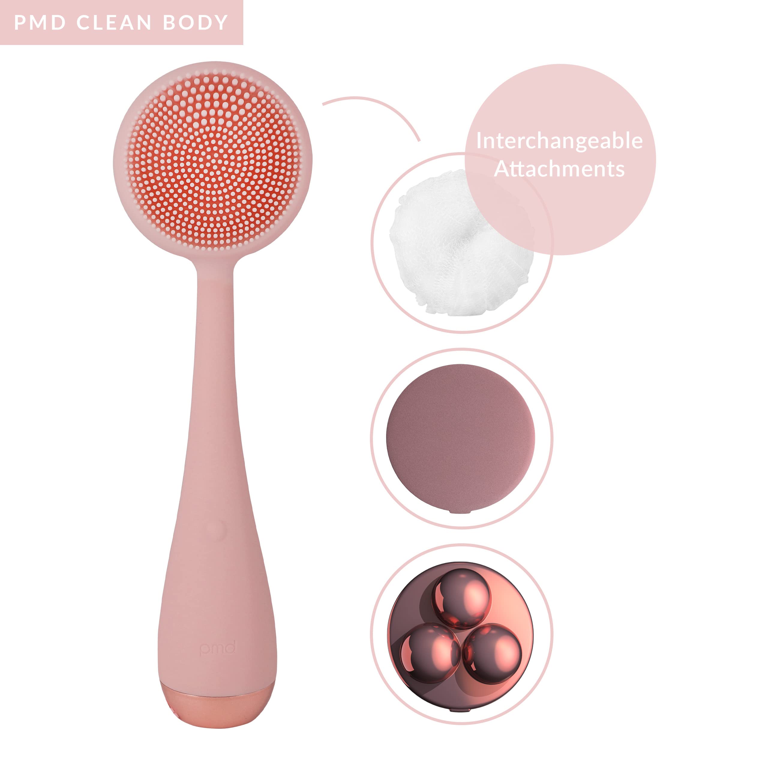 PMD Clean Body - Smart Body Cleansing Device with Silicone Brush & Three Interchangeable Attachments - Waterproof - SonicGlow Vibration - Cleanse, Exfoliate, & Massage Body