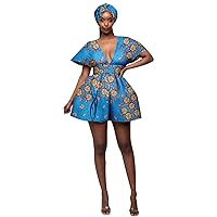 2022 African Dasiki Dresses for Women, Hot Fashion V-Neck, Short Sleeve Print Wax Cotton Skirt with Casual Head Wrap