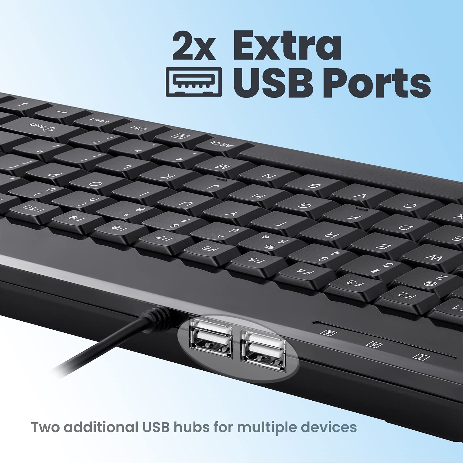 Perixx PERIBOARD-409H Wired USB Mini Keyboard with 2 USB Hubs, Black, US English Layout