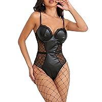 Women's Leather Bodysuit Lace Up Lingerie Set with Garter