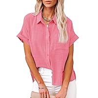 Womens Button Down Shirts Cotton Short Sleeve Summer Blouses V Neck Collared Linen Beach Casual Tops with Chest Pocket
