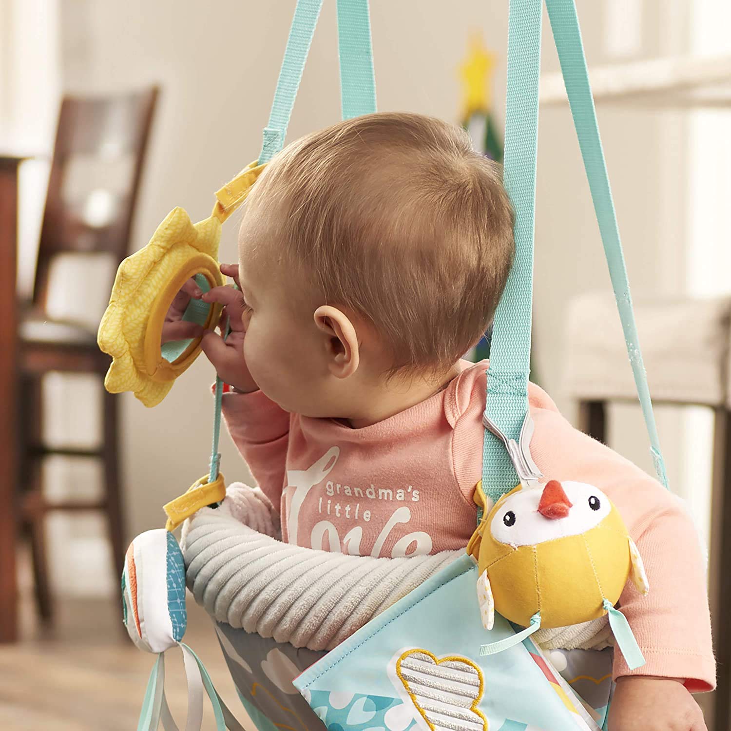 Evenflo Exersaucer Baby Hanging Clampable Doorway Jumper with 4 Removable Toys, Peek a Boo Flip -Book, and Mirror, Sweet Skies
