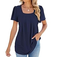 2024 Amazon Cross-Border Spring and Summer New Square Neck Flared Sleeves Pleated Short-Sleeved Loose T-Shirt Women
